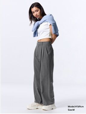 Pleated High-Rise Wide-Leg Pants — Gray